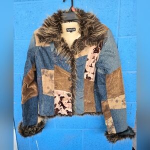 XOXO Y2K Blue CottonWestern GrungeFauxFurCow Print DenimJacket Women Sz M